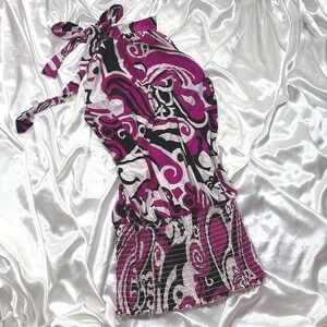 y2k Halter Top Purple Excellent Diva Blue Psychedelic Swirl Smocked Hem Large